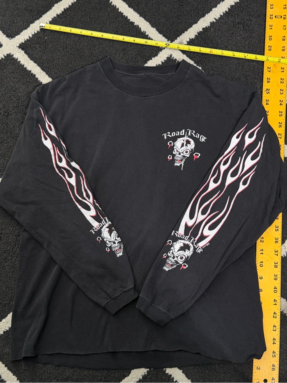 Road Rage Skull Flame Long Sleeve Tee - Black with White & Red Flames